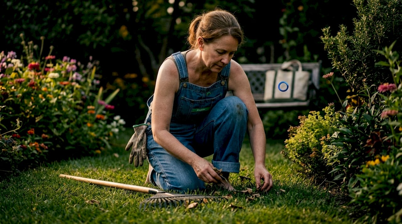 Des mains s’activent au jardin, ratissant soigneusement la pelouse pour la préparer.