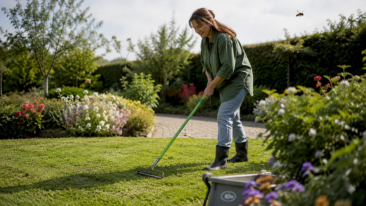 Thermomètre planté dans la terre du jardin, entouré d’herbe encore mouillée par la rosée.