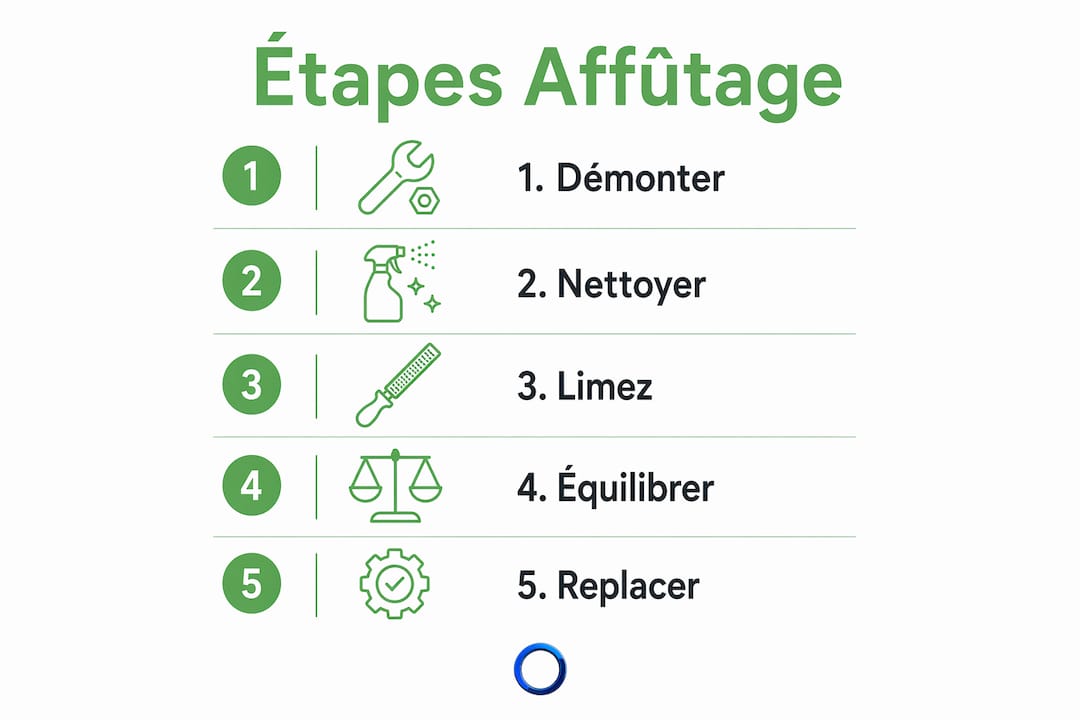 Schéma des différentes étapes pour aiguiser la lame d’une tondeuse
