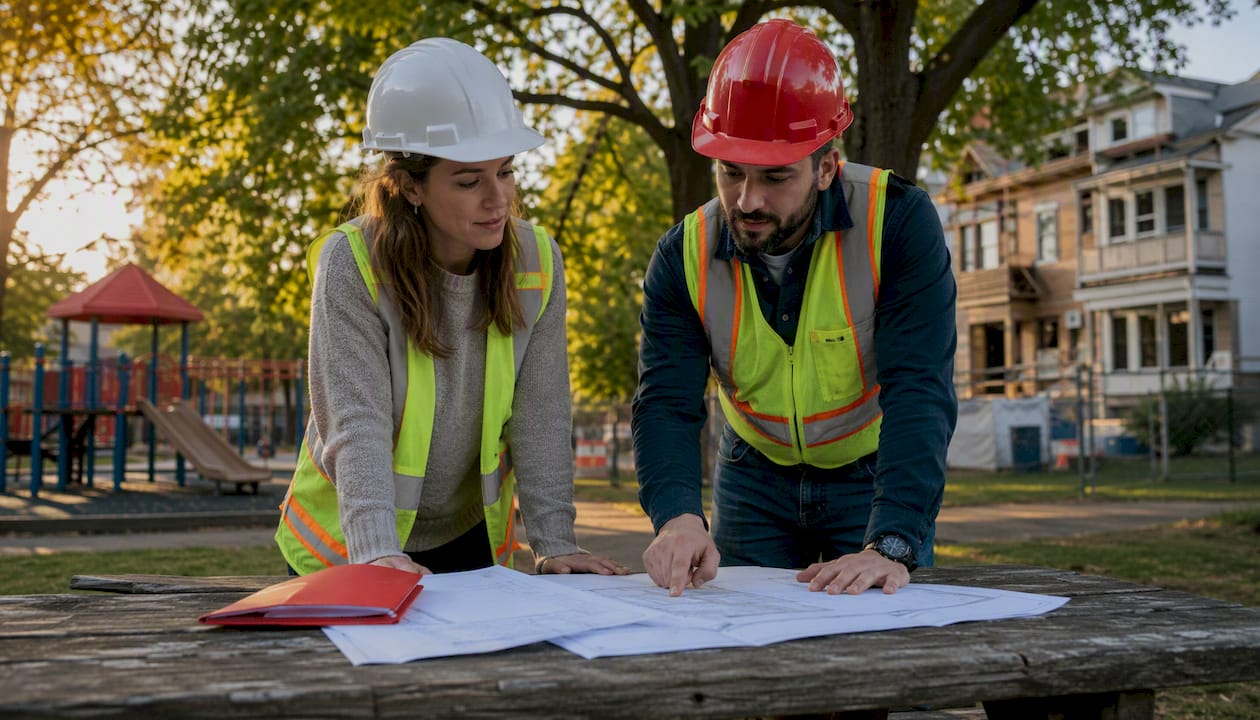 Contractor and project manager discussing timeline