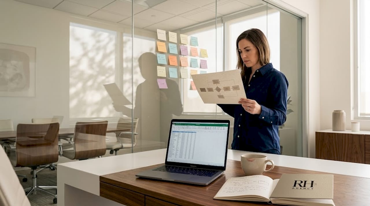 Manager reviews workflow diagram at whiteboard with notes
