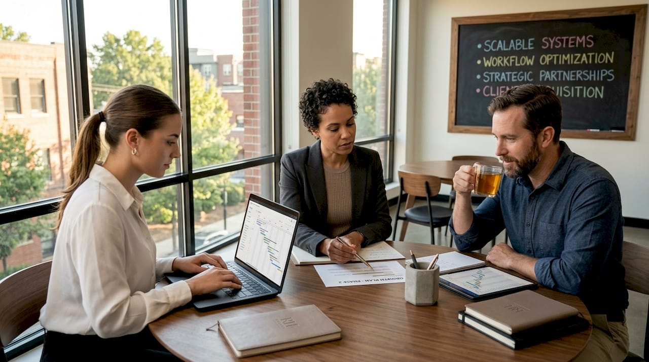 Small business team planning at meeting table