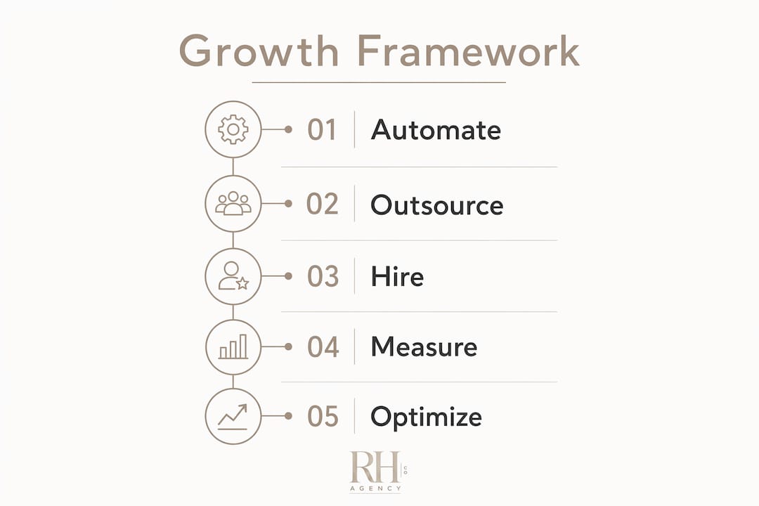 Infographic showing automate-outsource-hire growth framework stages