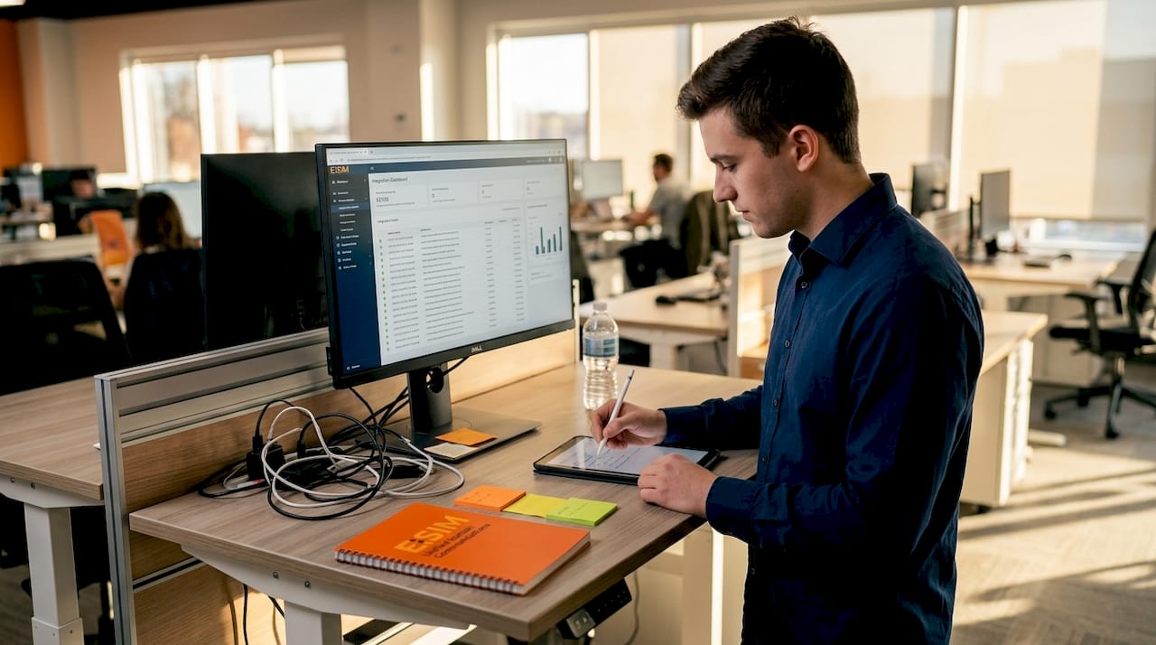 Engineer checking communication integration logs