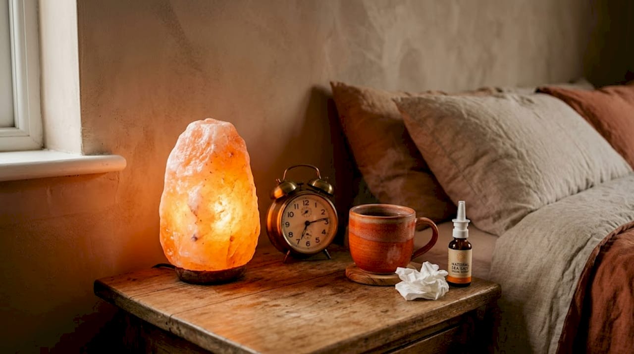 Salt lamp on bedside next to allergy items