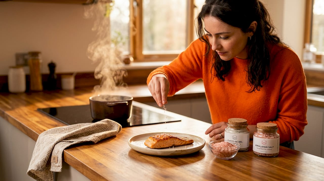 Finishing salt sprinkled on salmon in home kitchen
