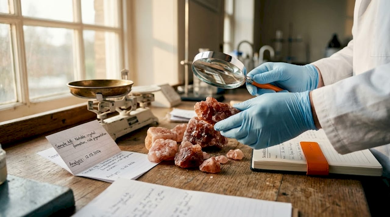 Scientist examining Himalayan salt crystals closely
