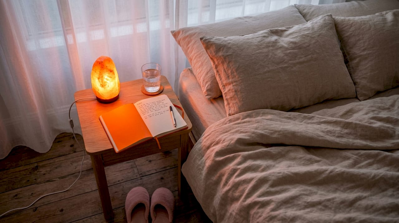 Salt lamp glowing in softly lit bedroom