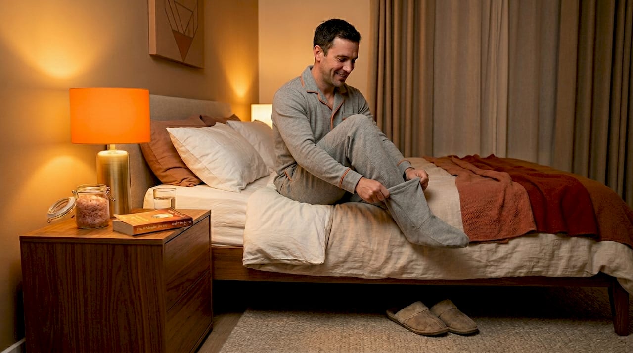 Man in pajamas after Himalayan salt bath