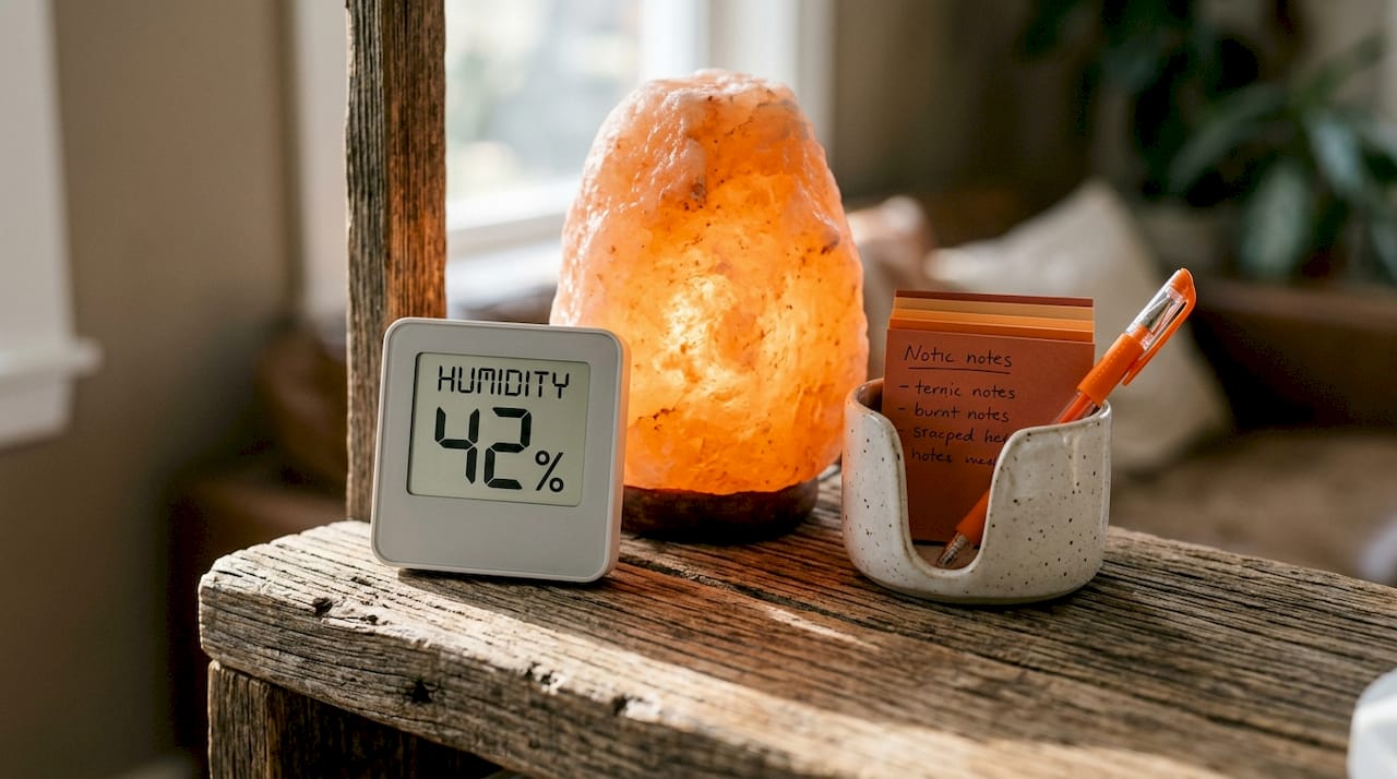 Digital hygrometer beside salt lamp