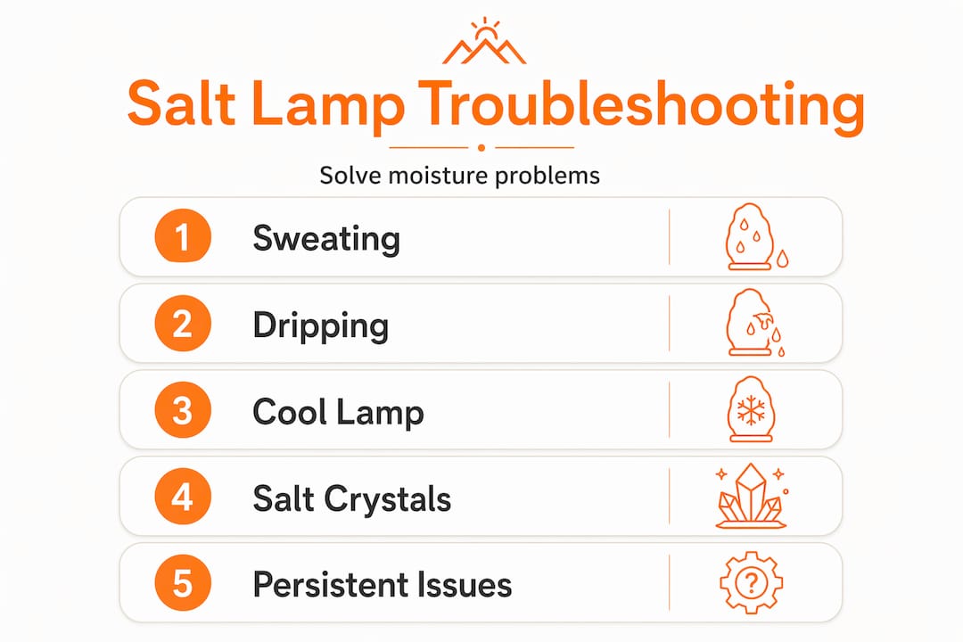 Salt lamp moisture troubleshooting steps infographic