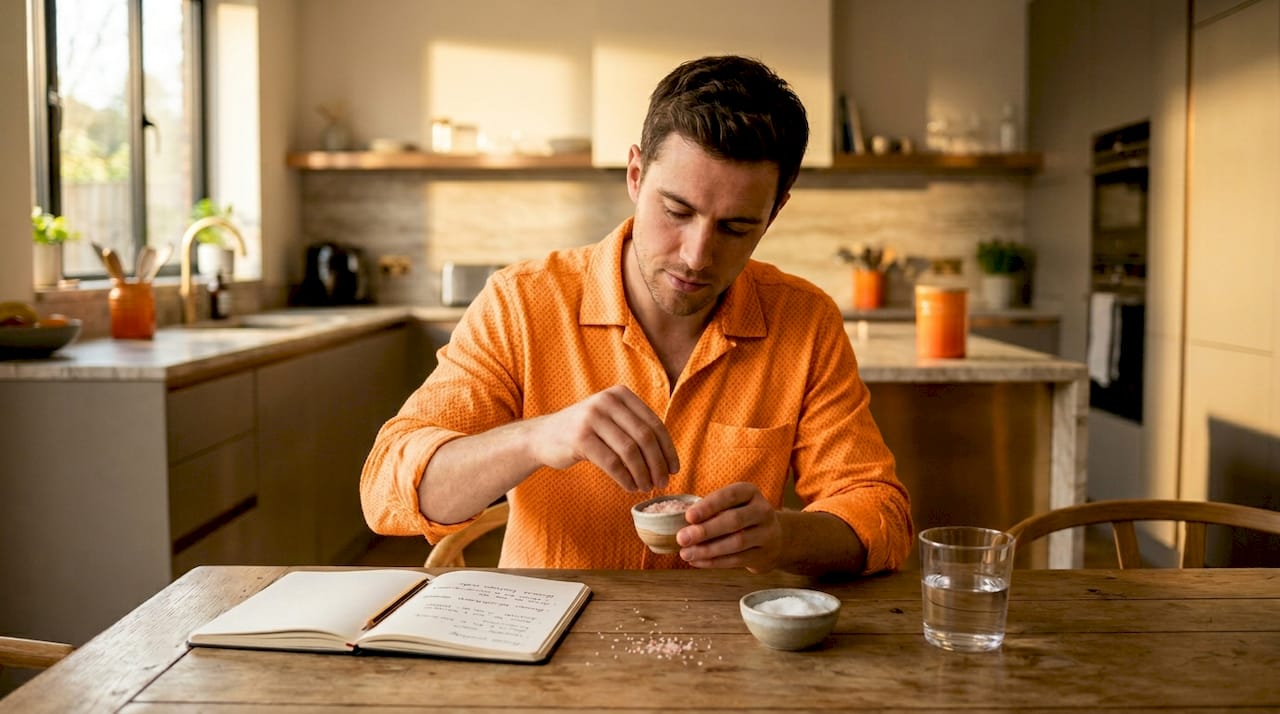 Man tasting Himalayan salt at home