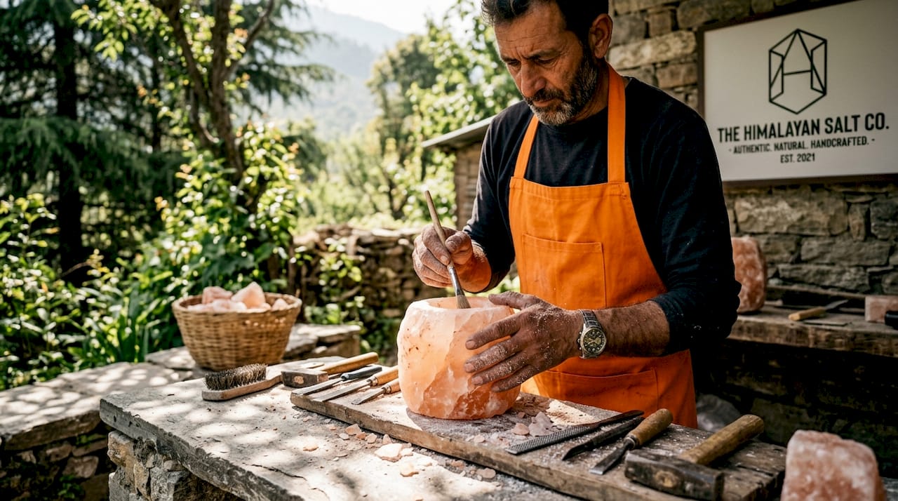 Artisan carving Himalayan salt lamp