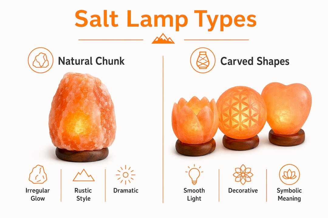 Infographic comparing salt lamp types and their light effects