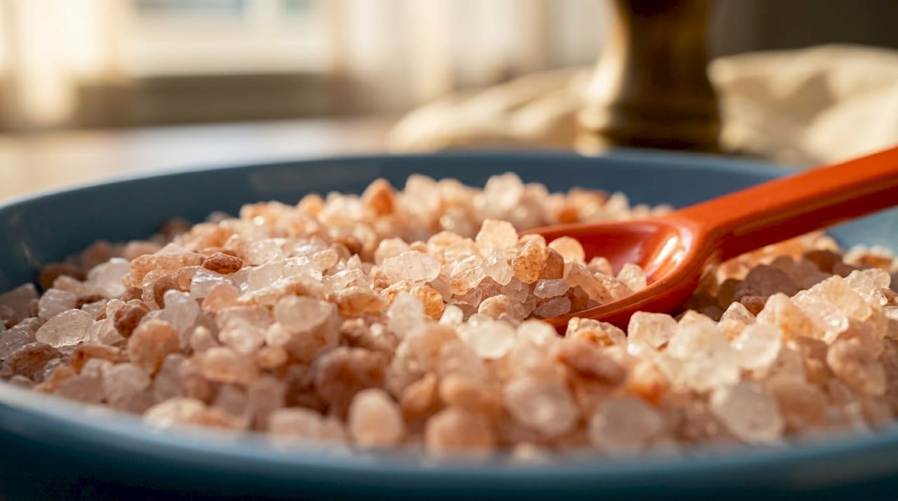 Close-up of coarse Himalayan pink salt crystals in bowl