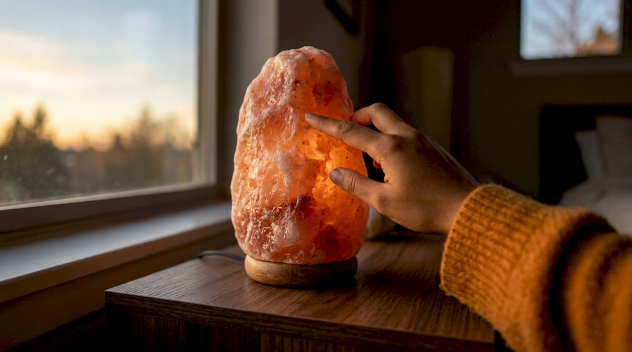 Hand touching rough surface of salt lamp