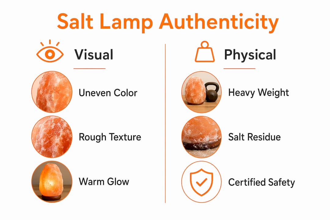 Infographic comparing visual and physical salt lamp authenticity features