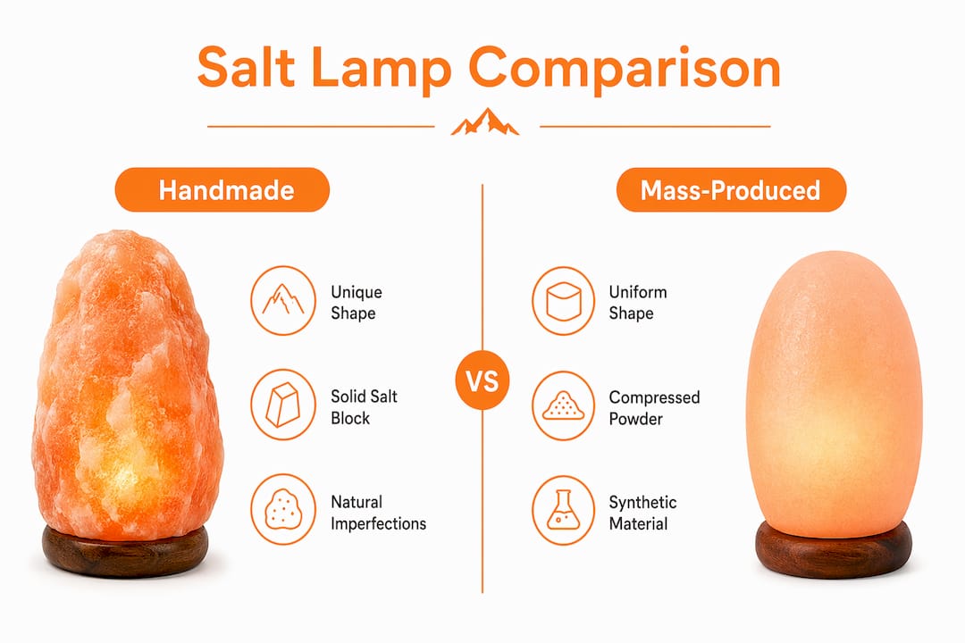 Infographic comparing handmade and mass-produced salt lamps