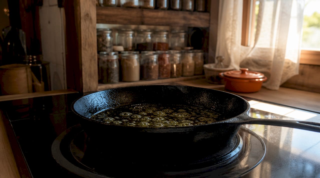 Kosher salt flakes dissolving in cooking pan