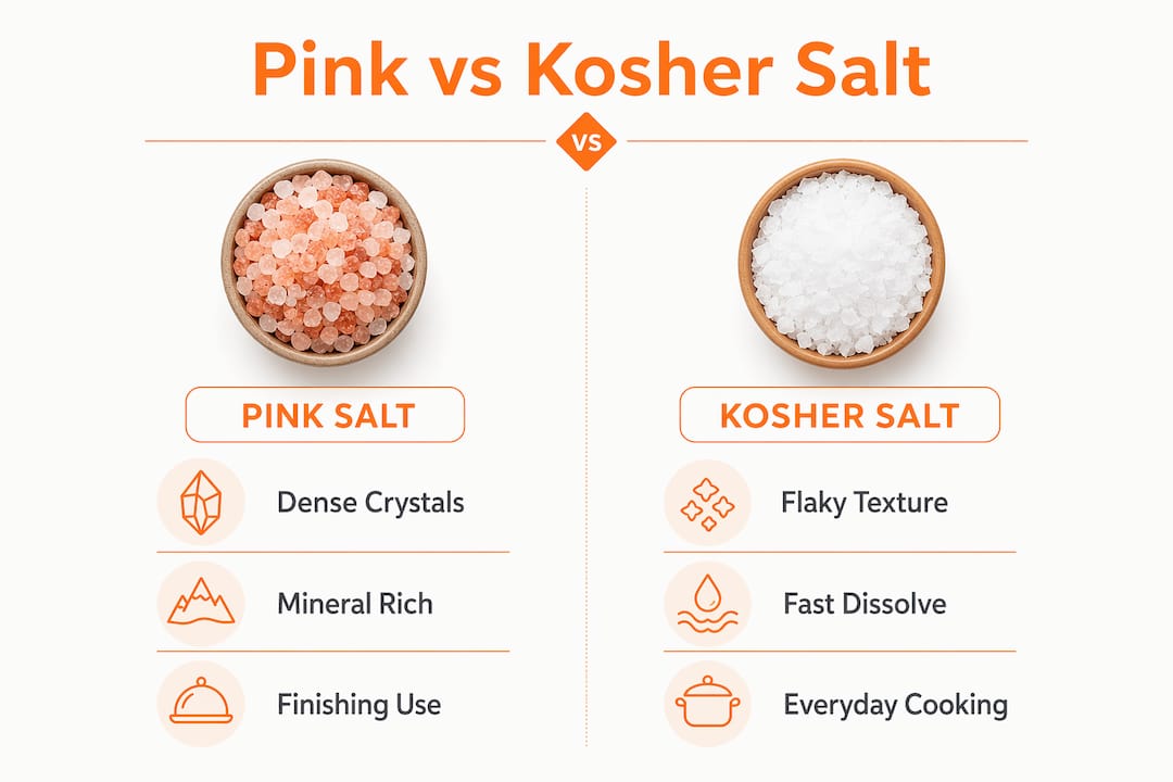 Infographic comparing pink salt and kosher salt characteristics