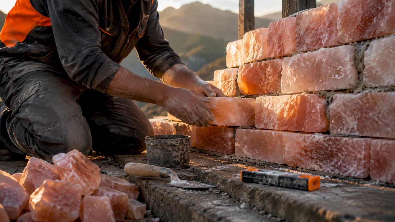 Hands installing Himalayan salt bricks indoors