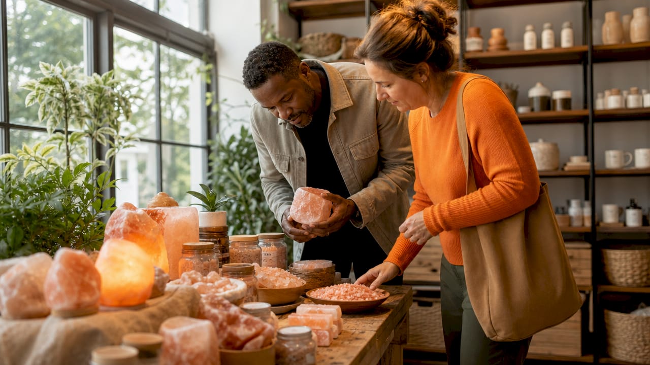 Customers browsing Himalayan salt gifts in boutique store
