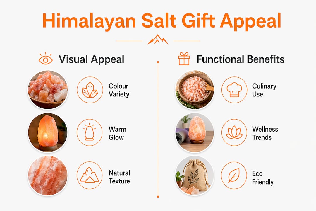 Infographic illustrating visual and functional appeal of Himalayan salt gifts