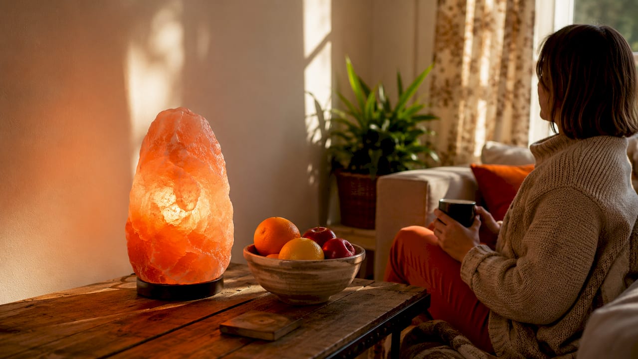 Close-up of glowing Himalayan salt lamp and condensation glass