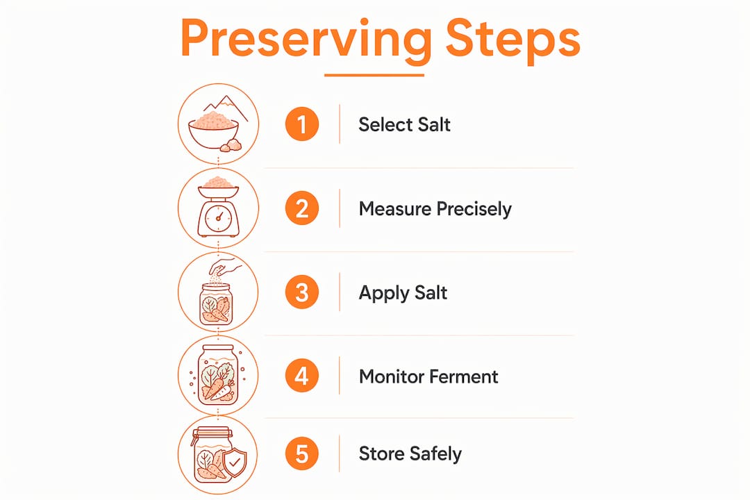 Infographic illustrating key steps in food preservation with salt