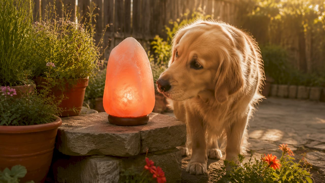 Dog sniffing Himalayan salt lamp indoors