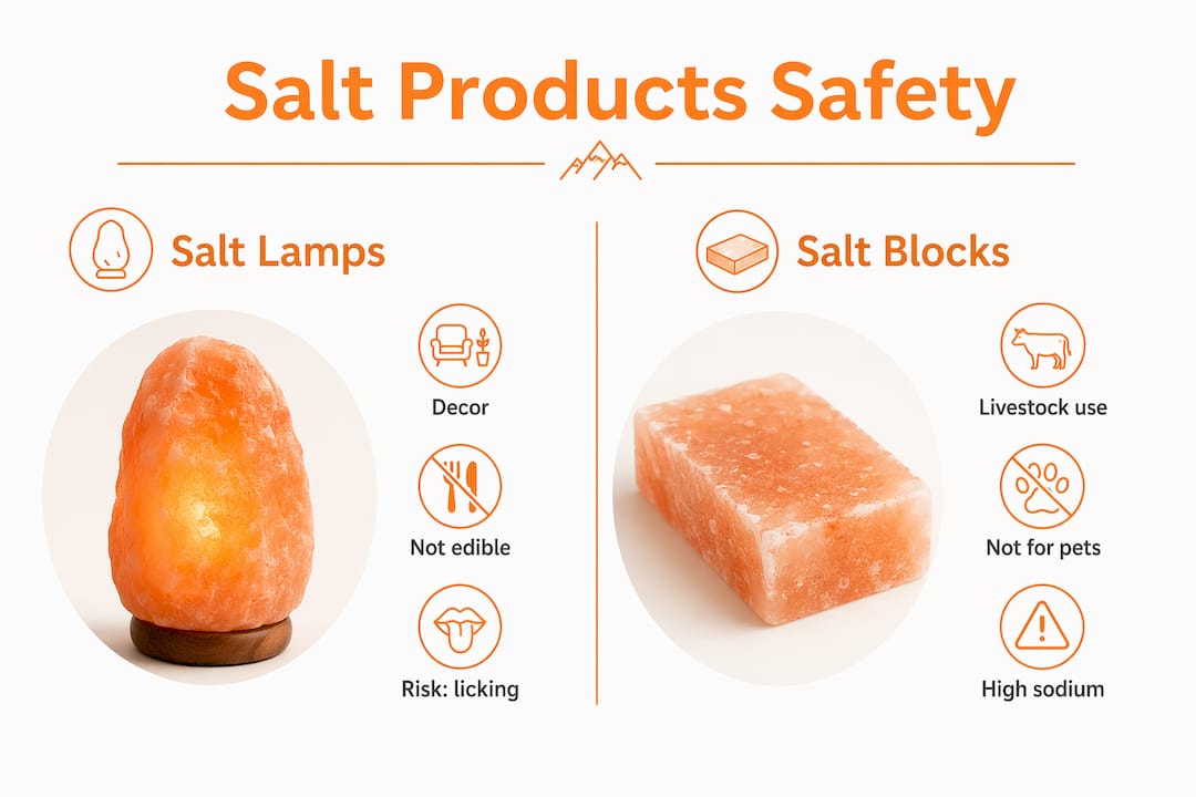 Infographic comparing salt lamps and salt blocks safety for pets