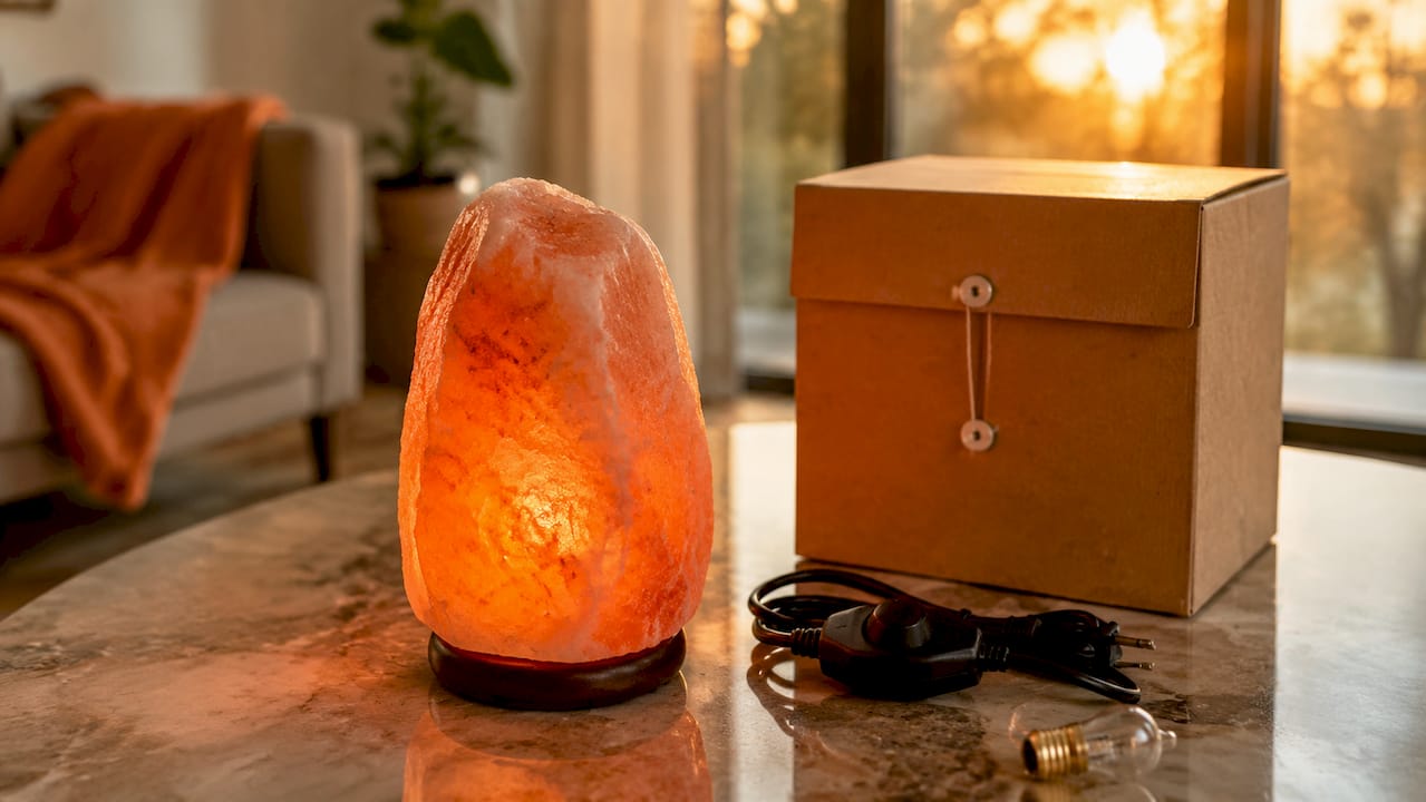 Close-up of salt lamp and accessories on wooden table