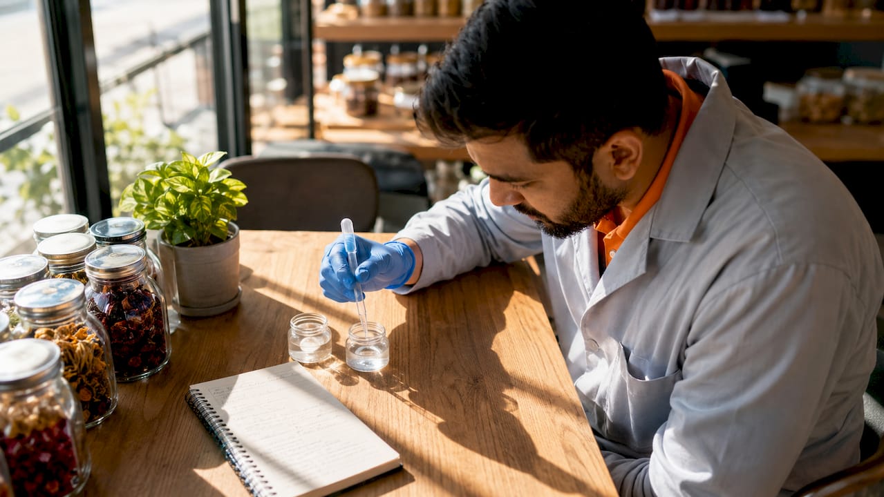 Scientist examining natural versus processed salt samples in lab