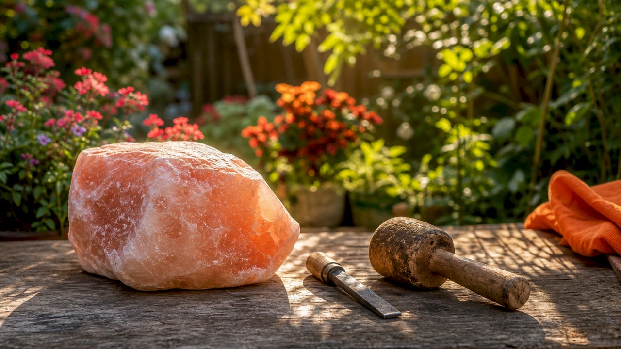 Raw rock salt block with carving tools