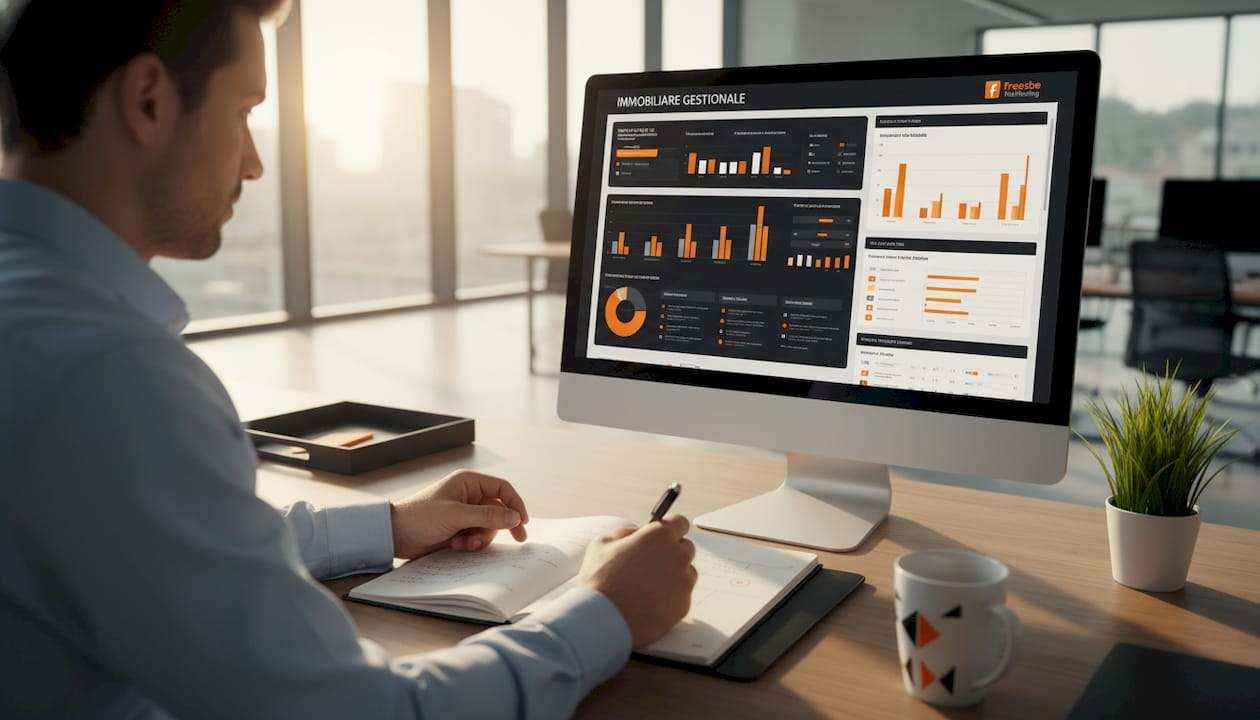 Seduto alla sua scrivania, l’agente immobiliare consulta i dati del CRM per monitorare l’andamento delle trattative e organizzare il lavoro quotidiano.