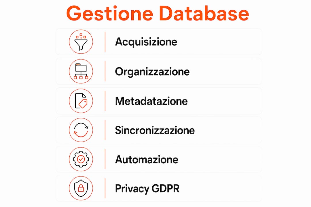 Infografica che illustra le fasi principali della gestione di un database immobiliare
