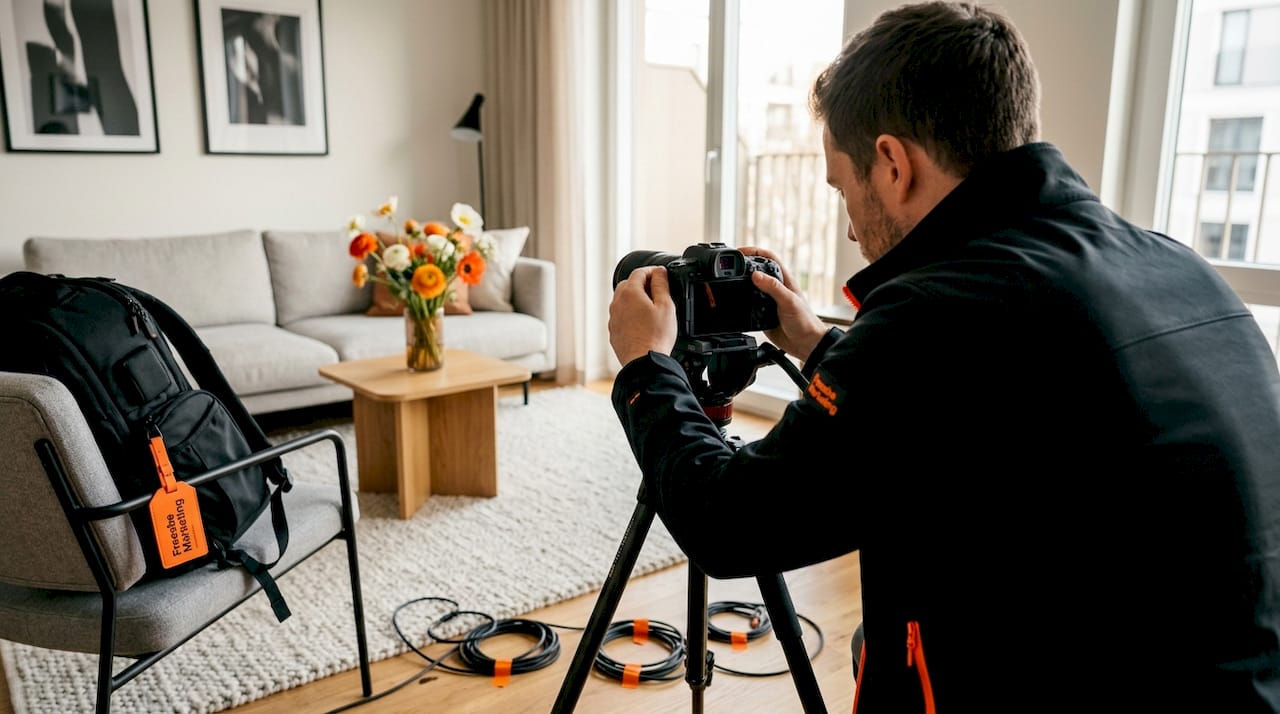 Un videomaker sta sistemando la sua videocamera in un appartamento, pronto per iniziare le riprese.