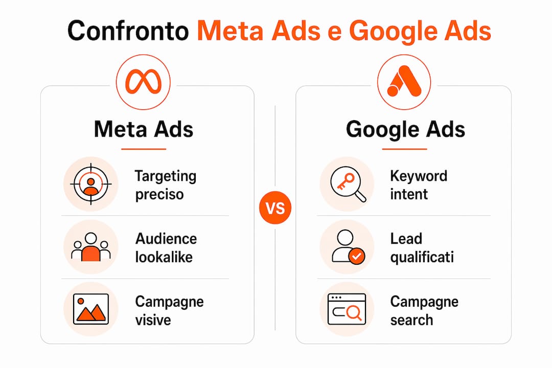 Infografica che mette a confronto Meta Ads e Google Ads, evidenziando i principali aspetti da tenere in considerazione