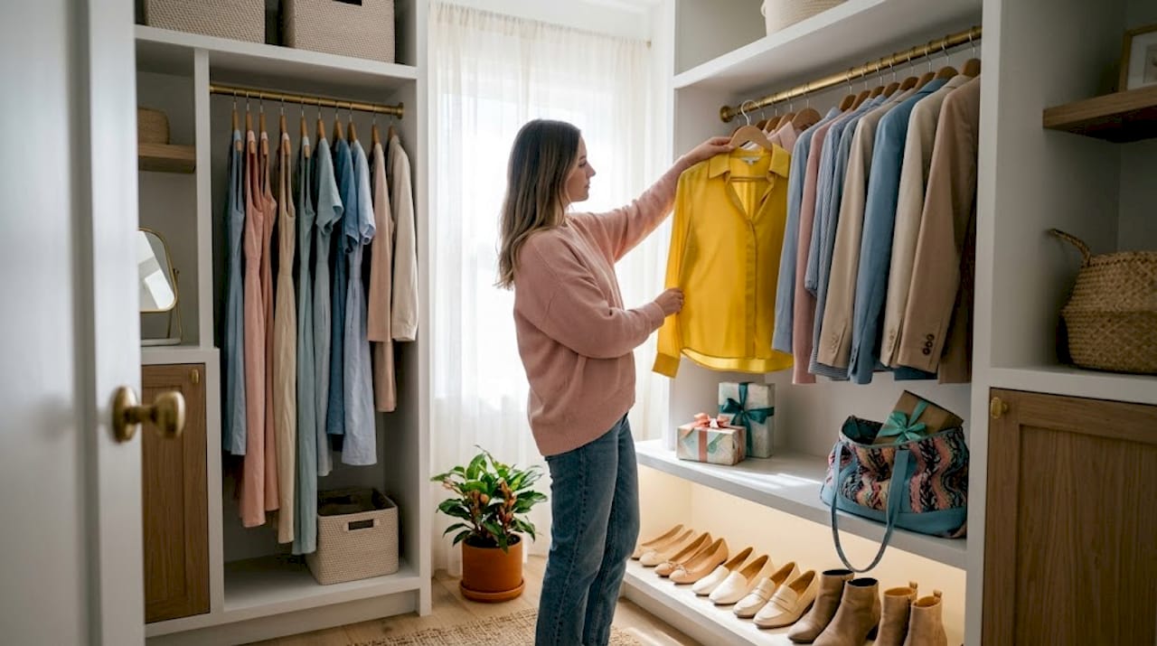 Sorting clothes in closet before shopping
