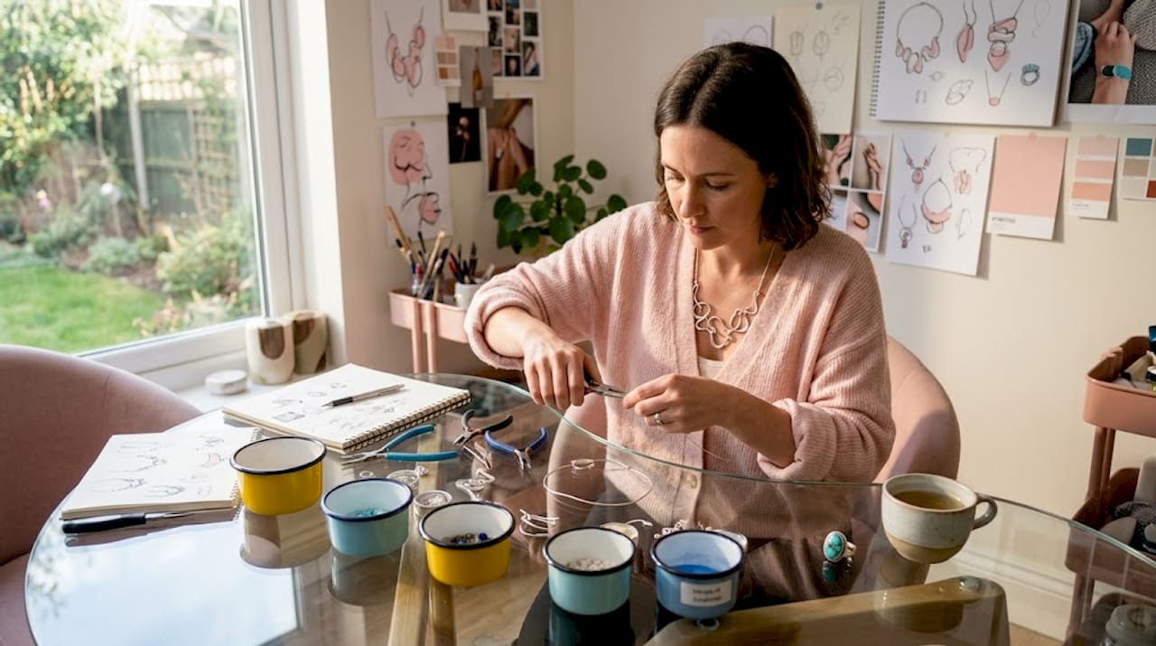 Jeweler polishing necklace in creative studio