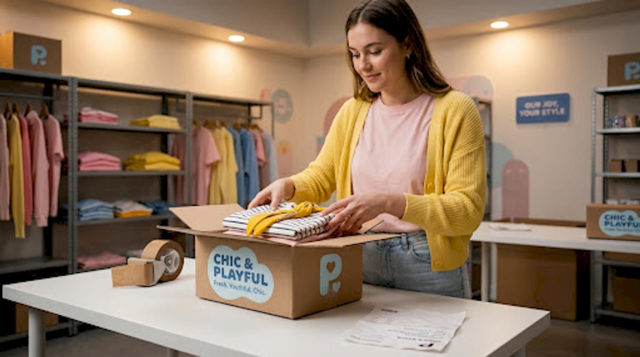 Warehouse worker packing fashion shipment