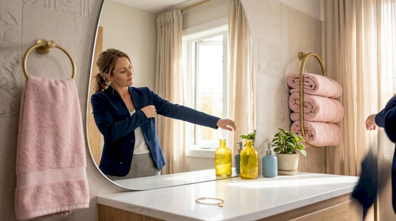 Woman checking sleeve fit at home mirror