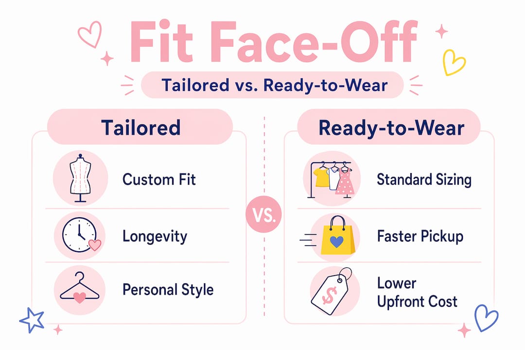 Side-by-side infographic comparing tailoring and ready-to-wear