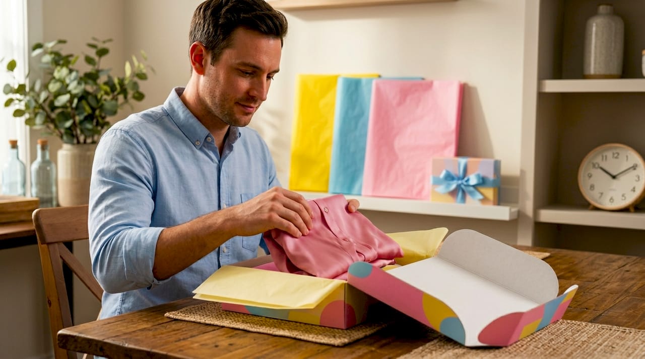 Man folding silk blouse for clothing gift box