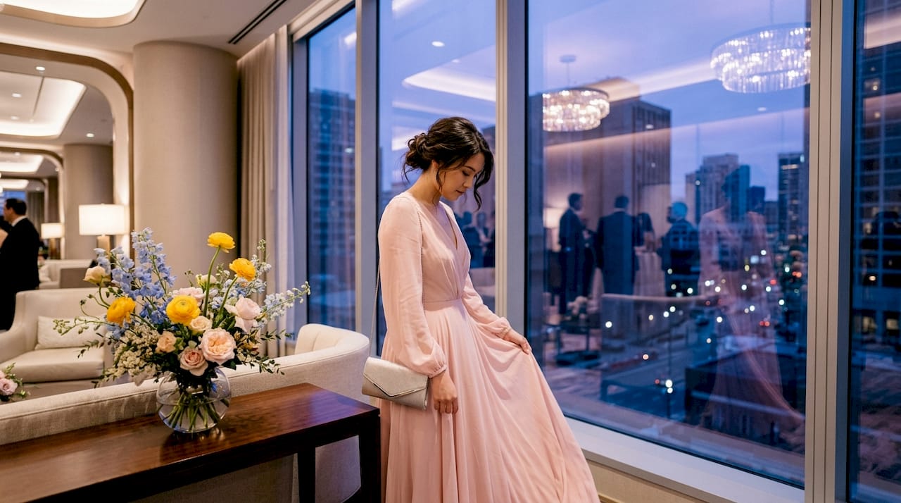 Woman in emerald gown under ballroom lighting