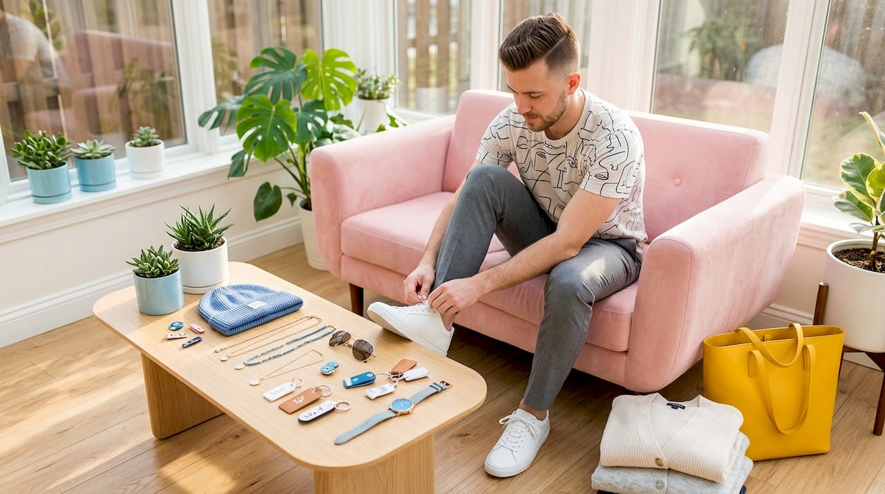Man styling outfit mixing timeless and trendy pieces