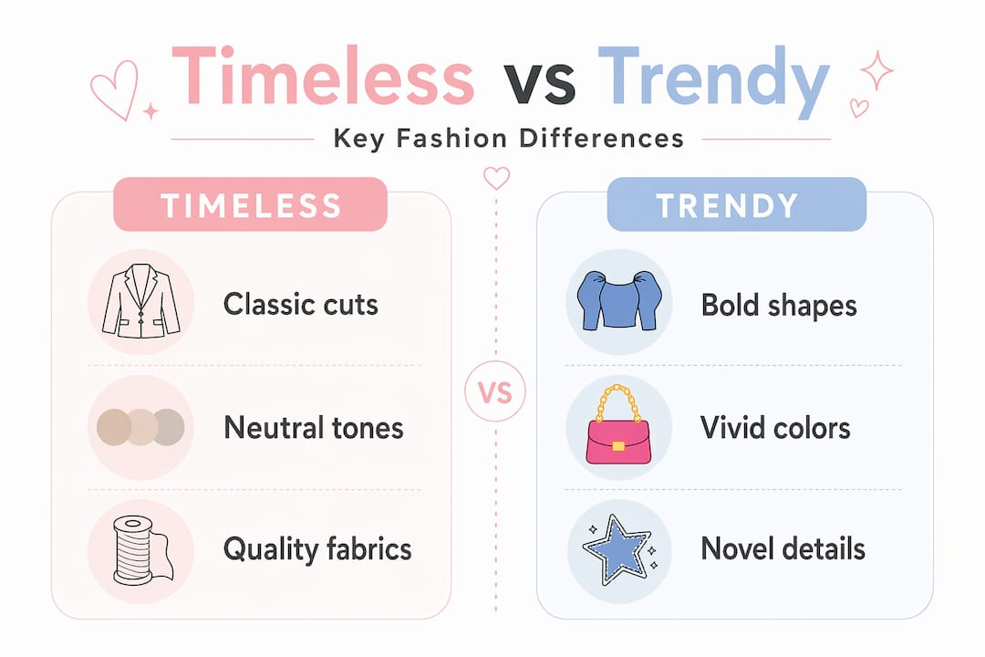 Infographic comparing timeless and trendy fashion traits