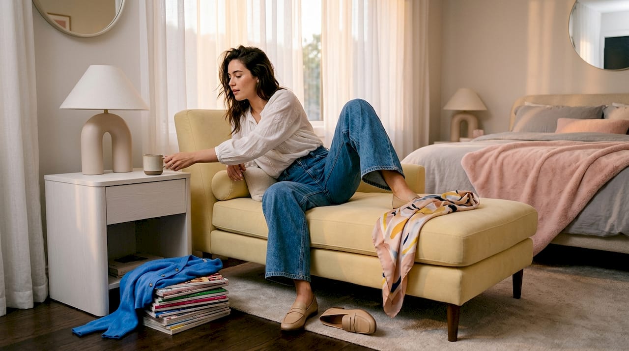 Woman in contrasting chic outfit at home