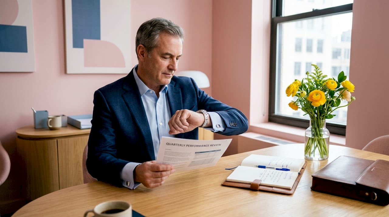 Manager reviewing report with formal accessories