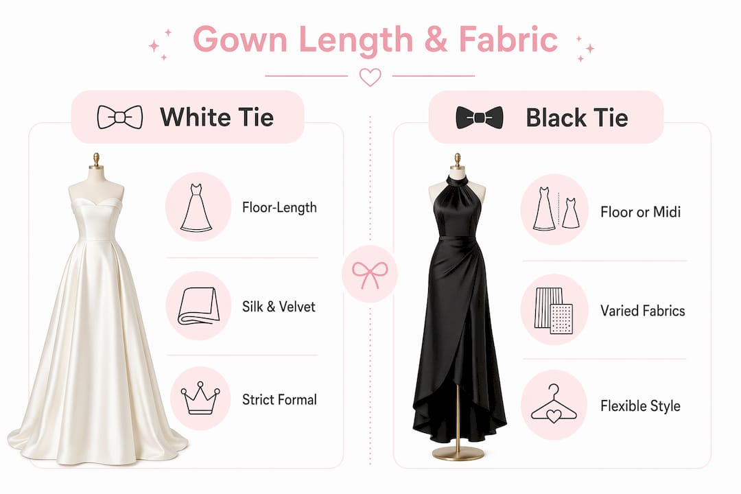 Comparison infographic of white tie versus black tie gowns